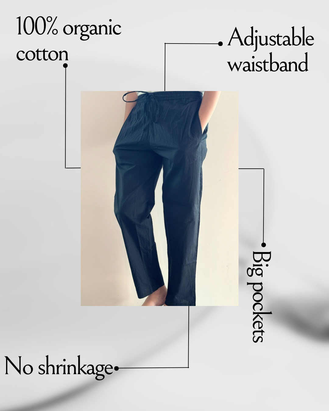 Cozy, solid black lounge pants for women made from 100% poplin cotton with an easy elastic waist and convenient side pockets. Great for lounging or yoga