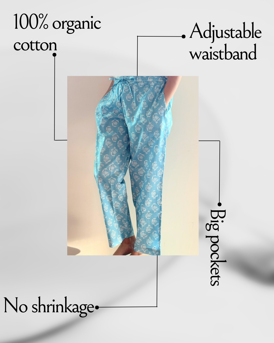 SEO Description: Elevate your sleepwear with these 100% organic cotton pajama pants featuring an elastic waistband, deep pockets, and a delicate winter-inspired pattern. Available in petite, short, tall, and plus sizes. Ideal for new moms, girls' trips, sleepovers, and more. Experience the natural benefits of organic cotton that keeps you comfortable in all seasons. Shop now for eco-friendly sleepwear with no shrinkage or stretch.