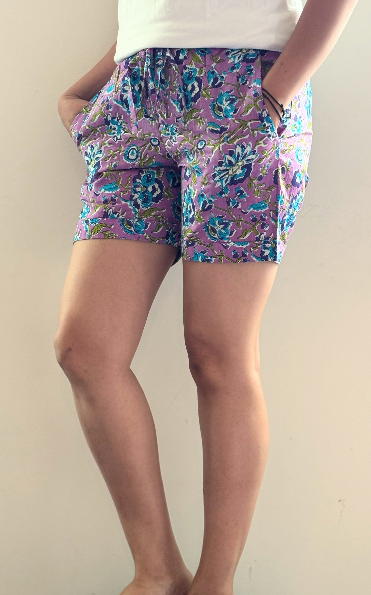 women's cotton pajama shorts with side pockets and drawstring