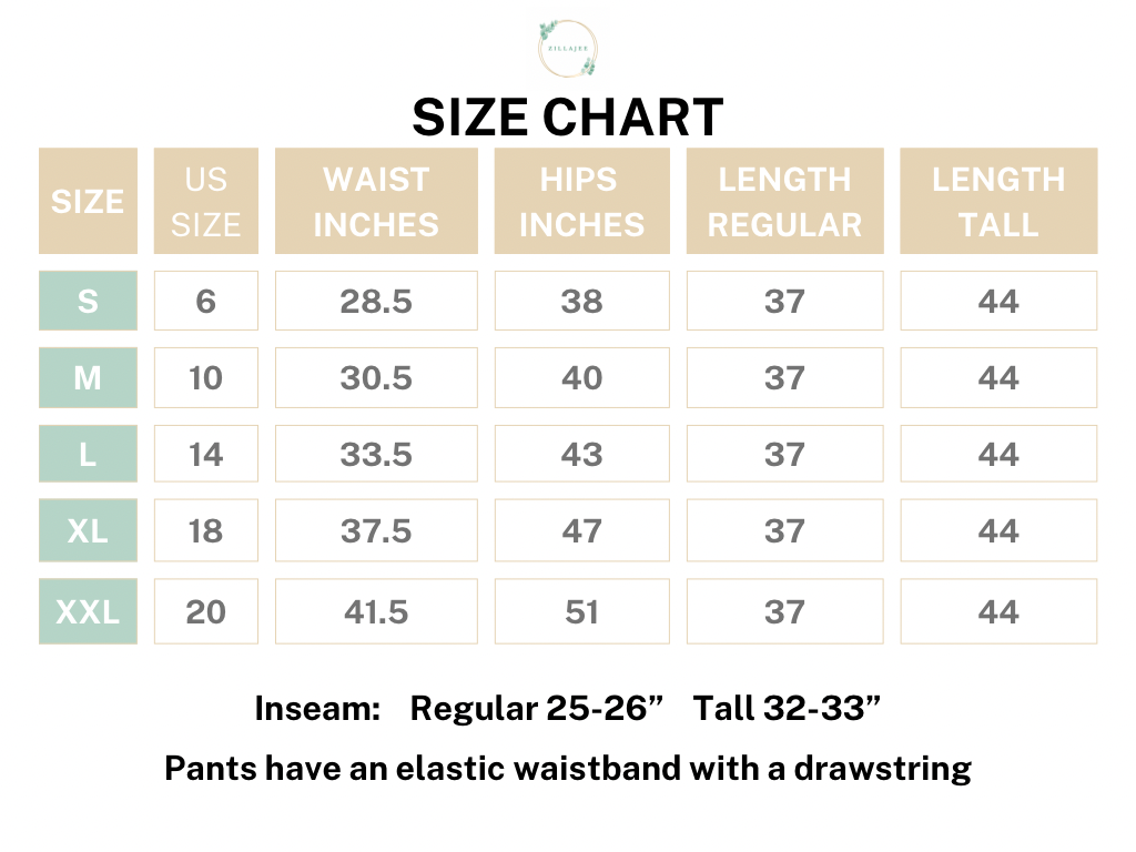 Size chart for 100% cotton pajama pants in a floral print, including regular and Tall sizes, designed for a relaxed, comfy fit.