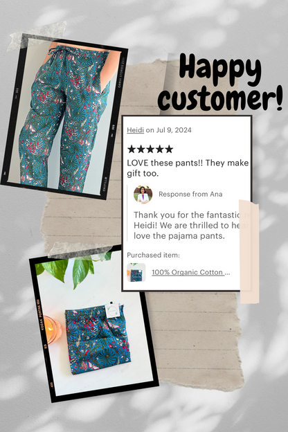 Women’s floral and butterfly print pajama pants in dark blue. These soft 100% cotton pants have pockets, an elastic waistband, and are perfect for lounging at home.