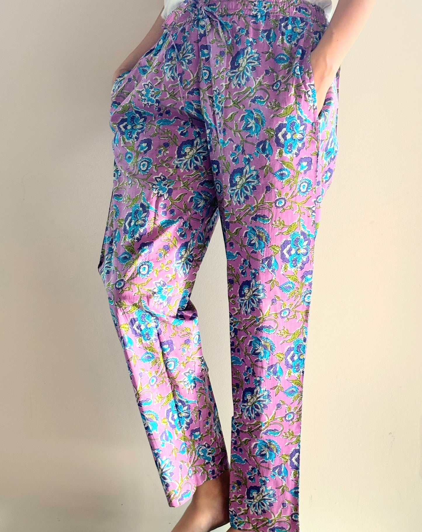 Floral print 100% cotton pajama pants for women, blue flowers on lavender, with pockets and elastic waistband