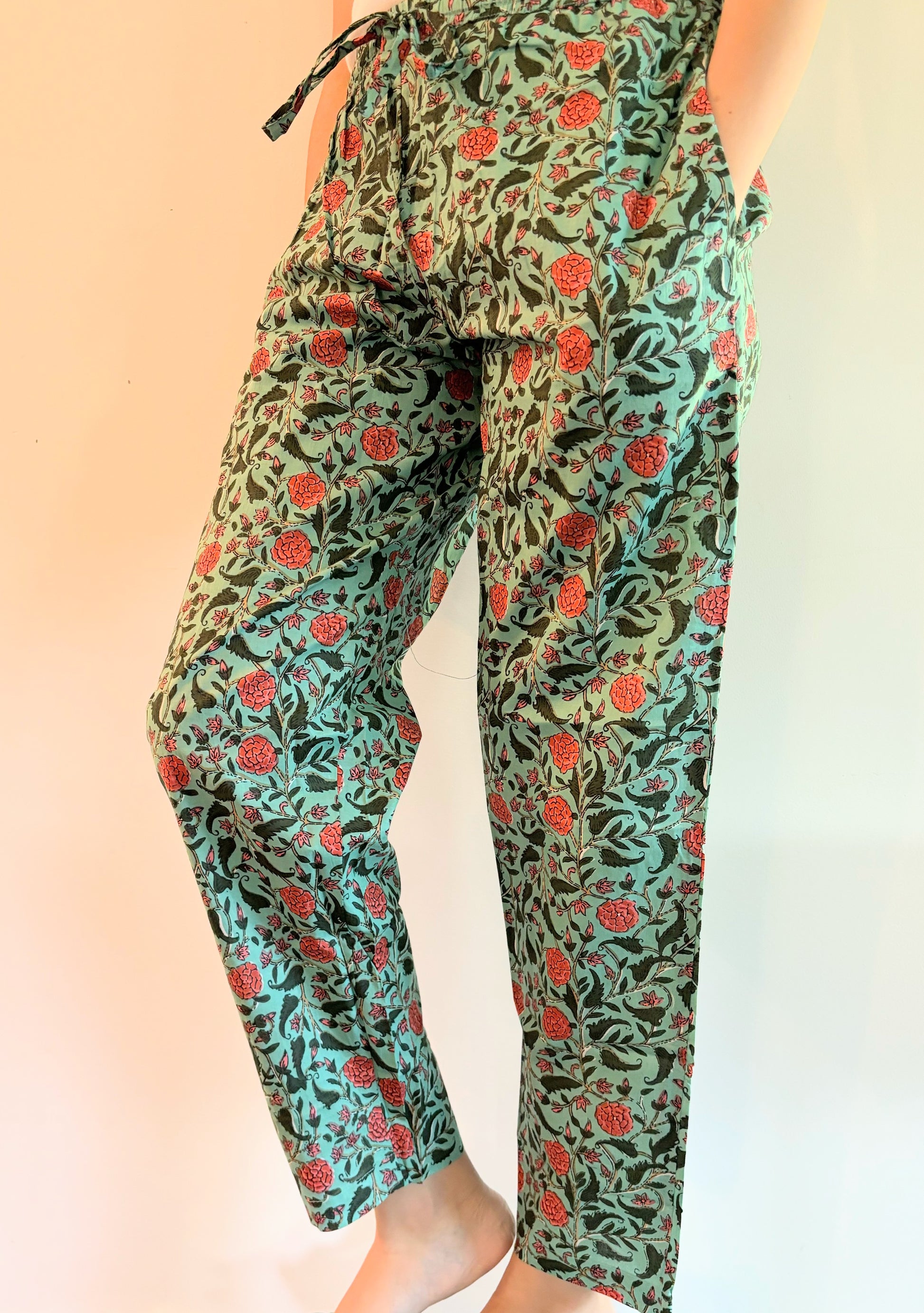 Cooling 100% cotton pajama pants with a unique floral design, perfect for casual lounging or as a menopause gift idea.