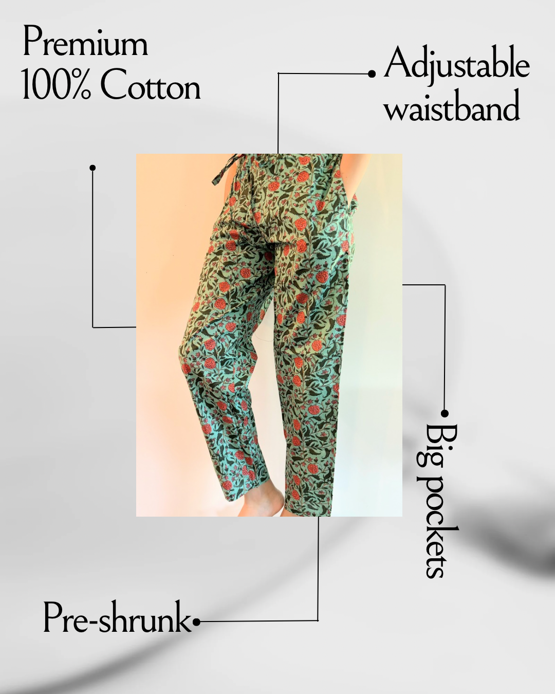 Handmade boho pajama bottoms with a tropical floral print, designed for ultimate comfort and a trendy, relaxed fit.