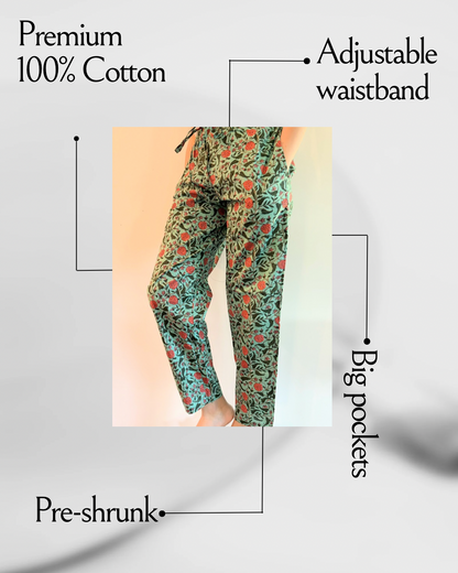 Handmade boho pajama bottoms with a tropical floral print, designed for ultimate comfort and a trendy, relaxed fit.